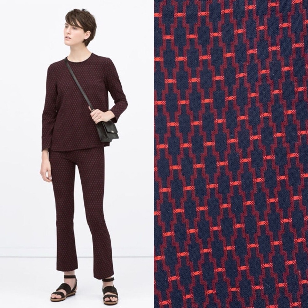 Zara Navy Blue and Red Print Blouse in Size M
